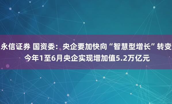 永信证券 国资委：央企要加快向“智慧型增长”转变 今年1至6月央企实现增加值5.2万亿元